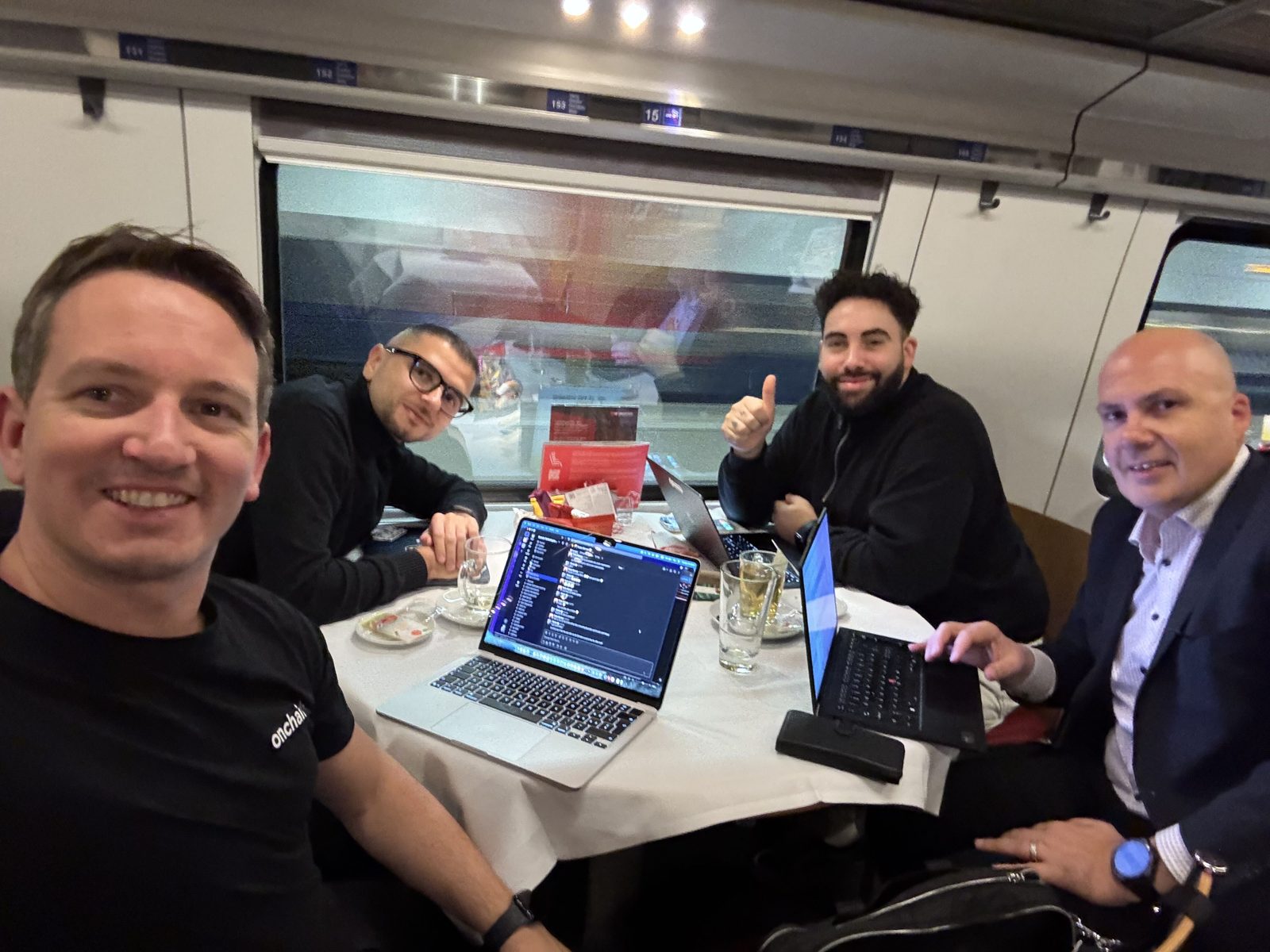 The OnchainLabs team working together on a train